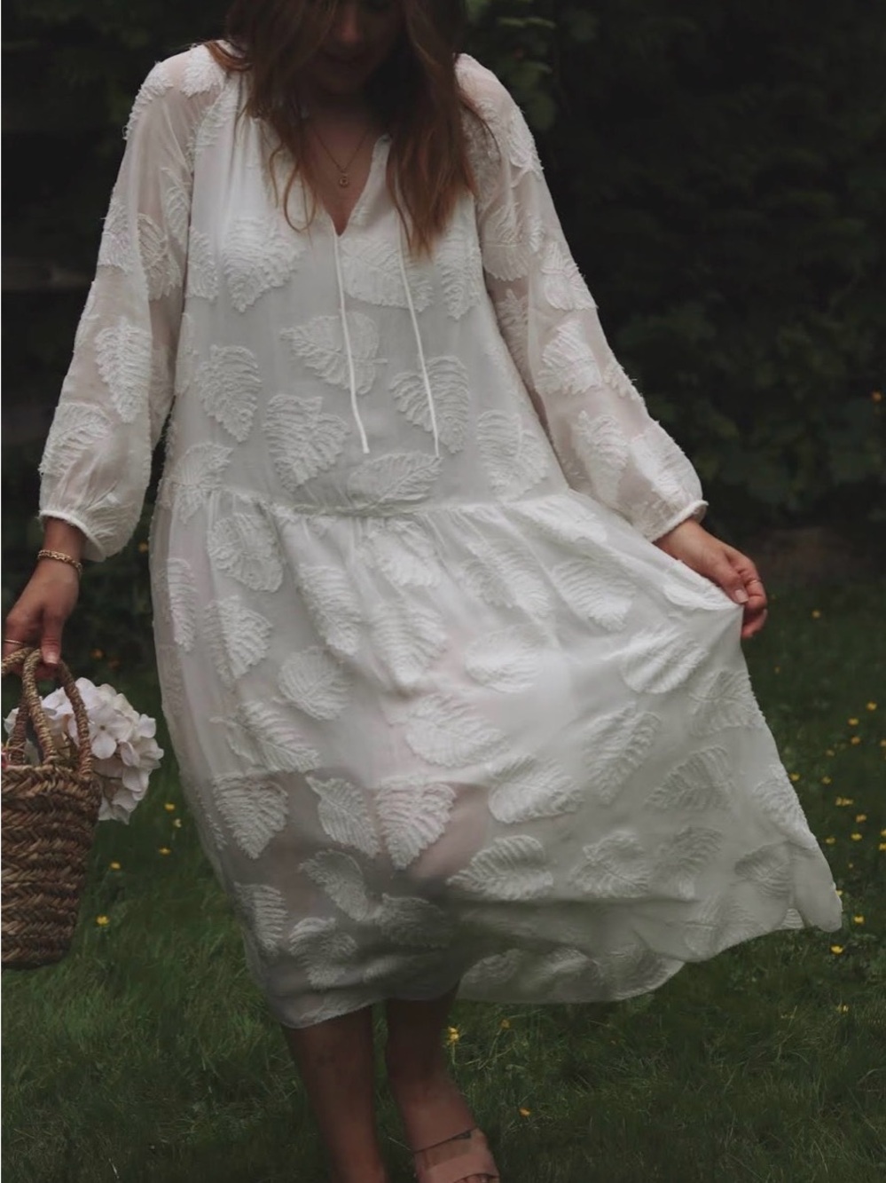 Aritzia White Textured Leaf Jacquard Midi Dress | Boho Cottagecore